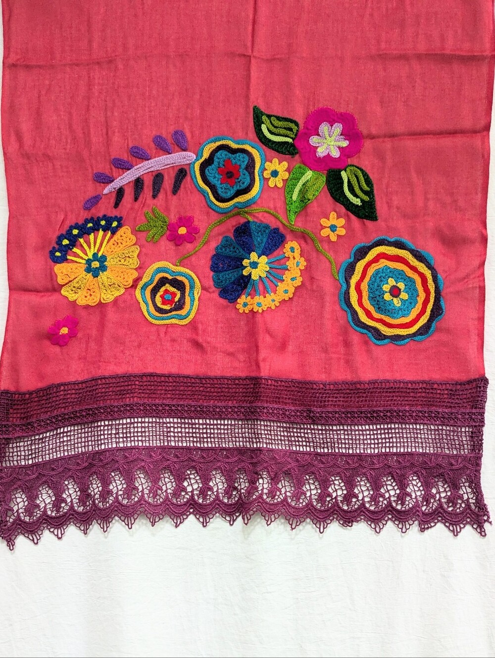Colorful Embroidered Semi Sheer Scarf Crochet Fringe 19x76 Boho Gypsy - Picture 3 of 10